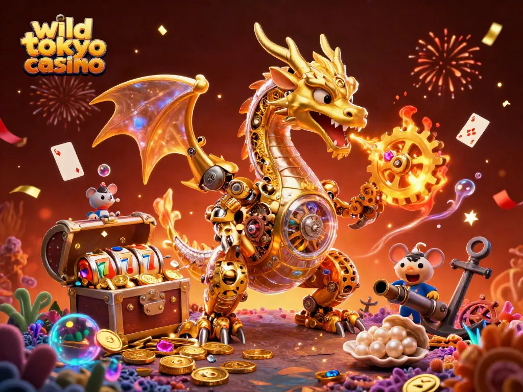 Engage in thrilling gameplay at wild tokyo casino with golden dragon and floating slot reels.