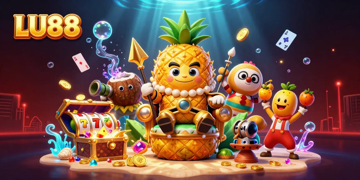 Engage with LU88's vibrant casino world, featuring a golden pineapple king and dynamic gaming elements.