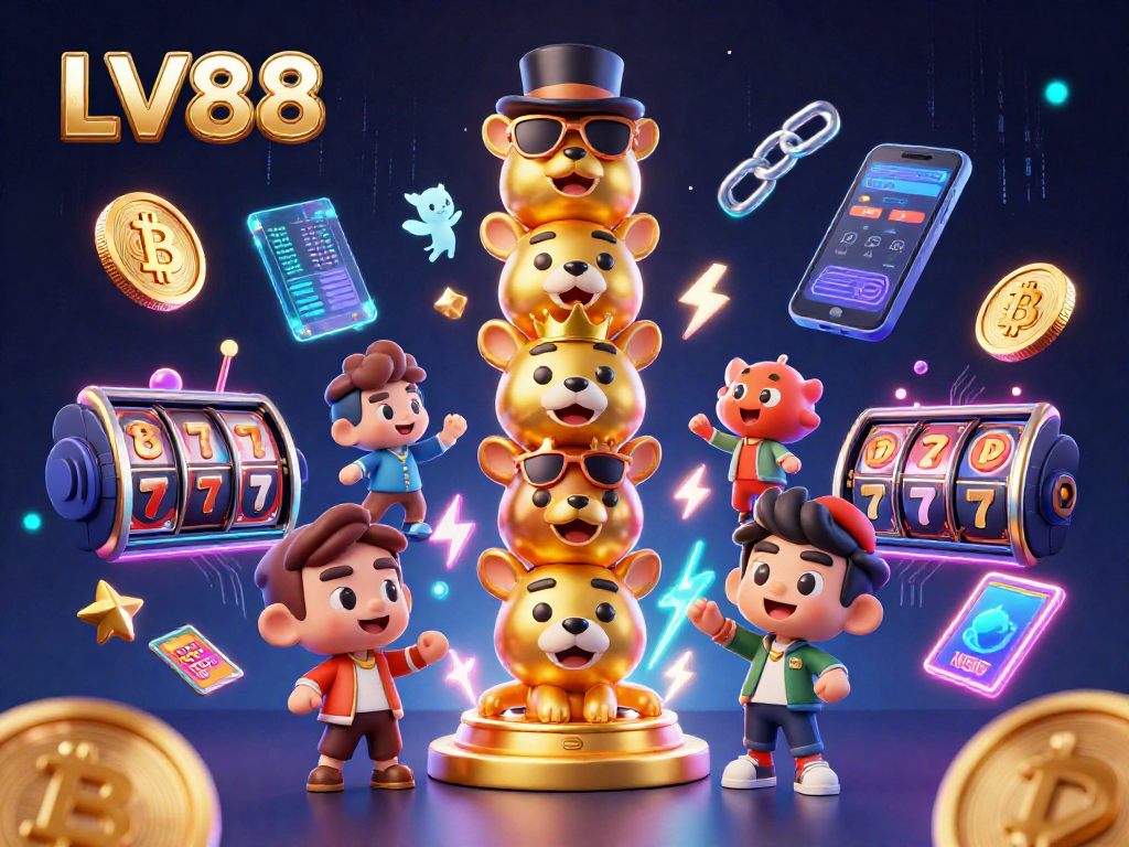 Engage with LV88's vibrant slots scene, showcasing energetic 3D animation and cryptocurrency elements