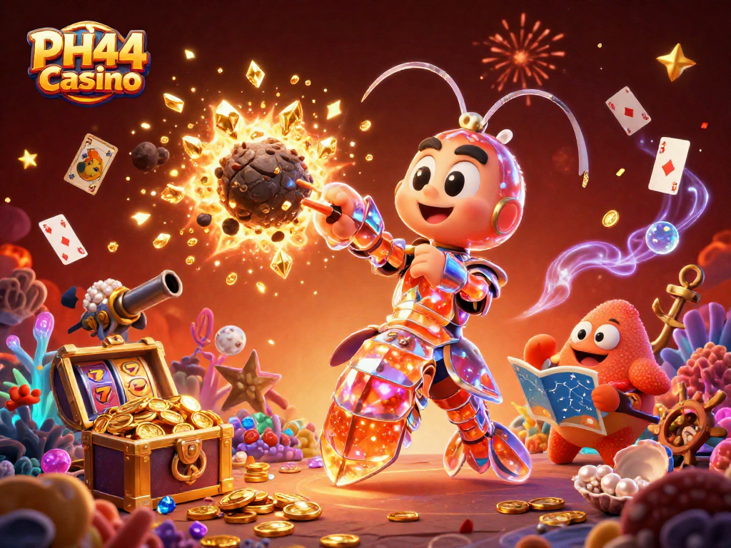 Engage with thrilling games at PH44 Casino, featuring vibrant colorful gems and dynamic casino elements.