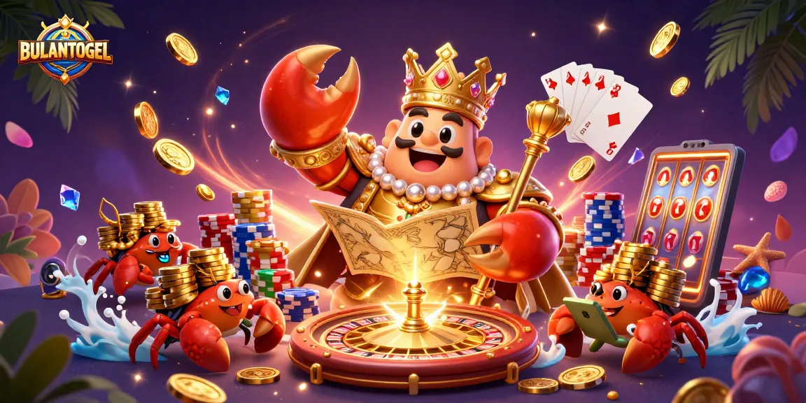 BULANTOGEL brings excitement with a golden crab emperor and treasure, set in a vibrant casino scene.