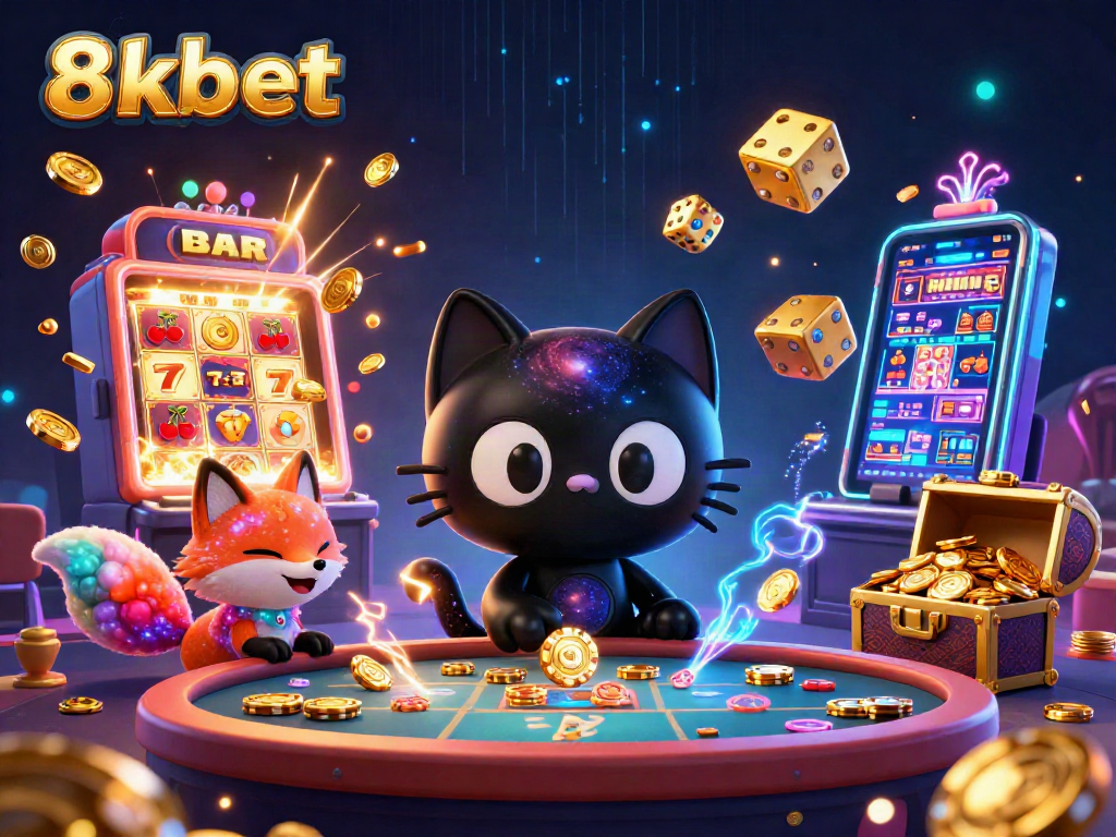 Join the cosmic casino fun at 8xbet with a playful black hole cat and nebula fox winning big!