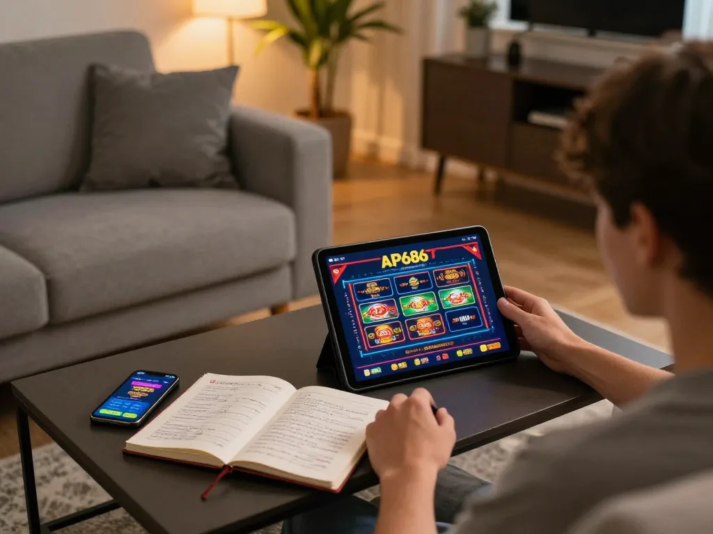 Pemain menikmati permainan online di rumah melalui aplikasi kasino AP686 dengan catatan strategi di dekatnya