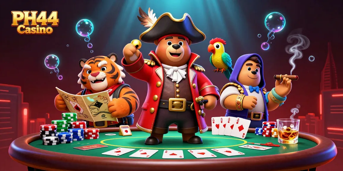Join the excitement at PH44 Casino, where a pirate bear, tiger, and parrot play poker amid vibrant casino elements.