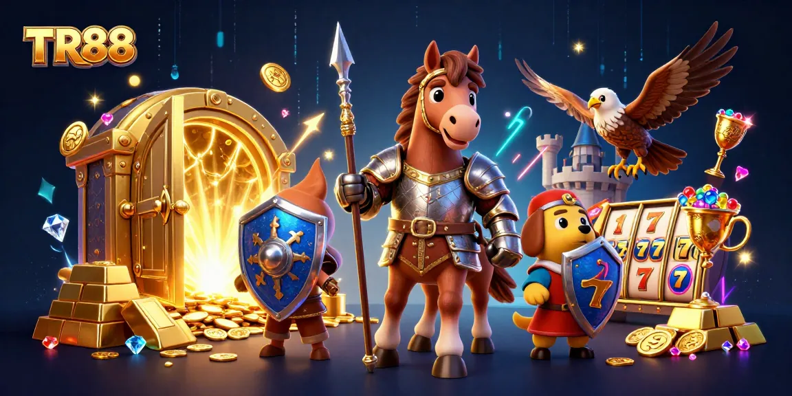 Engage in thrilling gaming adventures at TR88, featuring knightly characters amidst gold treasures and slot reels.