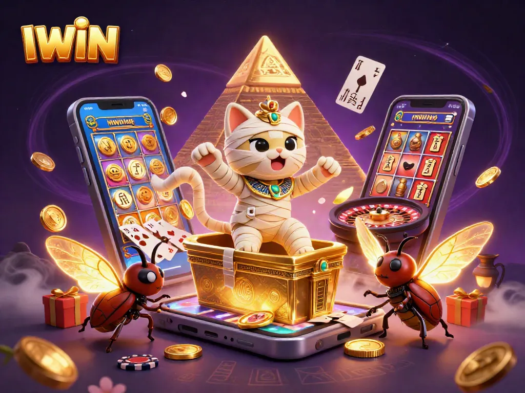 IWIN showcases an immersive pyramid casino scene featuring a mummy cat and scarab beetle, captivating players.