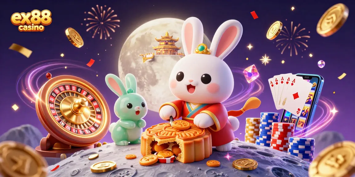 Experience exciting gameplay at ex88 casino with rabbit characters and vibrant game symbols in a festive atmosphere
