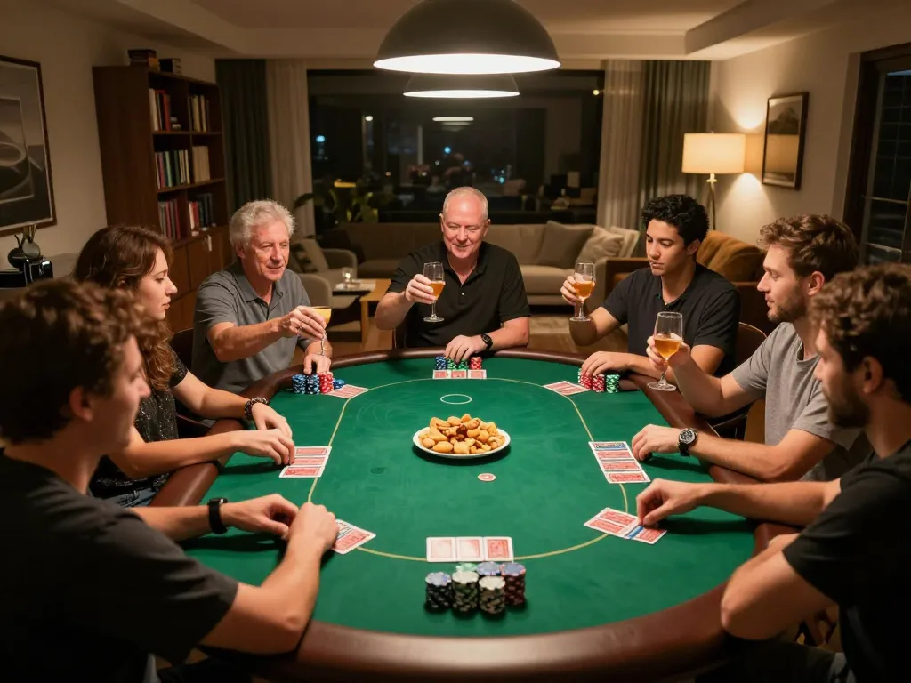 Rusuntogel players enjoying a lively home poker game with warm ambiance and snacks