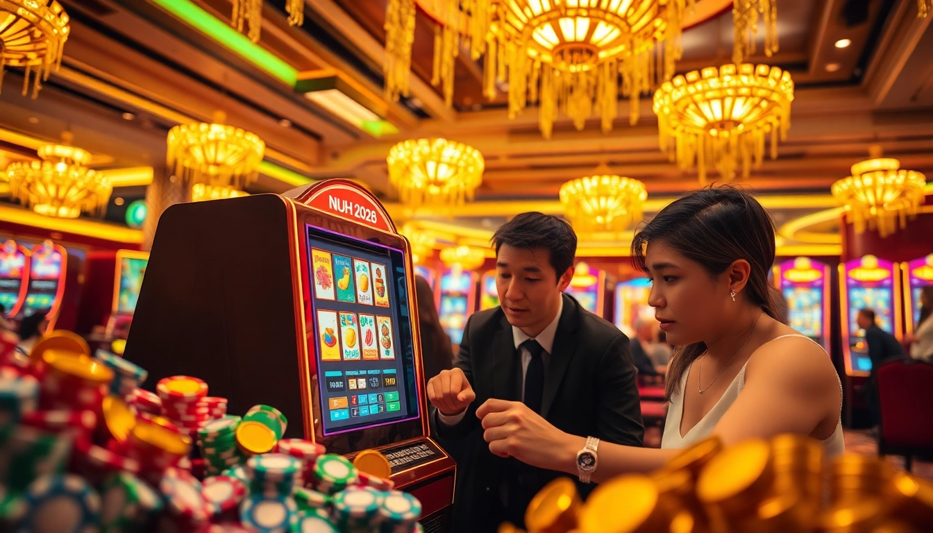 Nổ Hũ 2026 slot machine captivates players with colorful chips and golden coins.