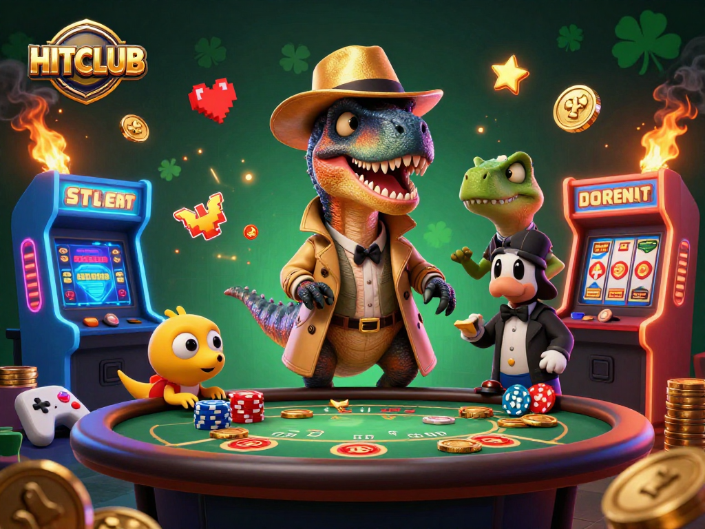 Play at HITCLUB's thrilling blackjack table with animated dinosaur characters and vibrant casino elements.