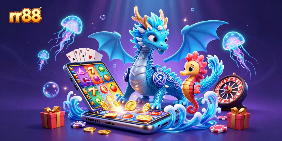 Play fun slot games with rr88 while surrounded by vibrant casino elements and mythical sea creatures.