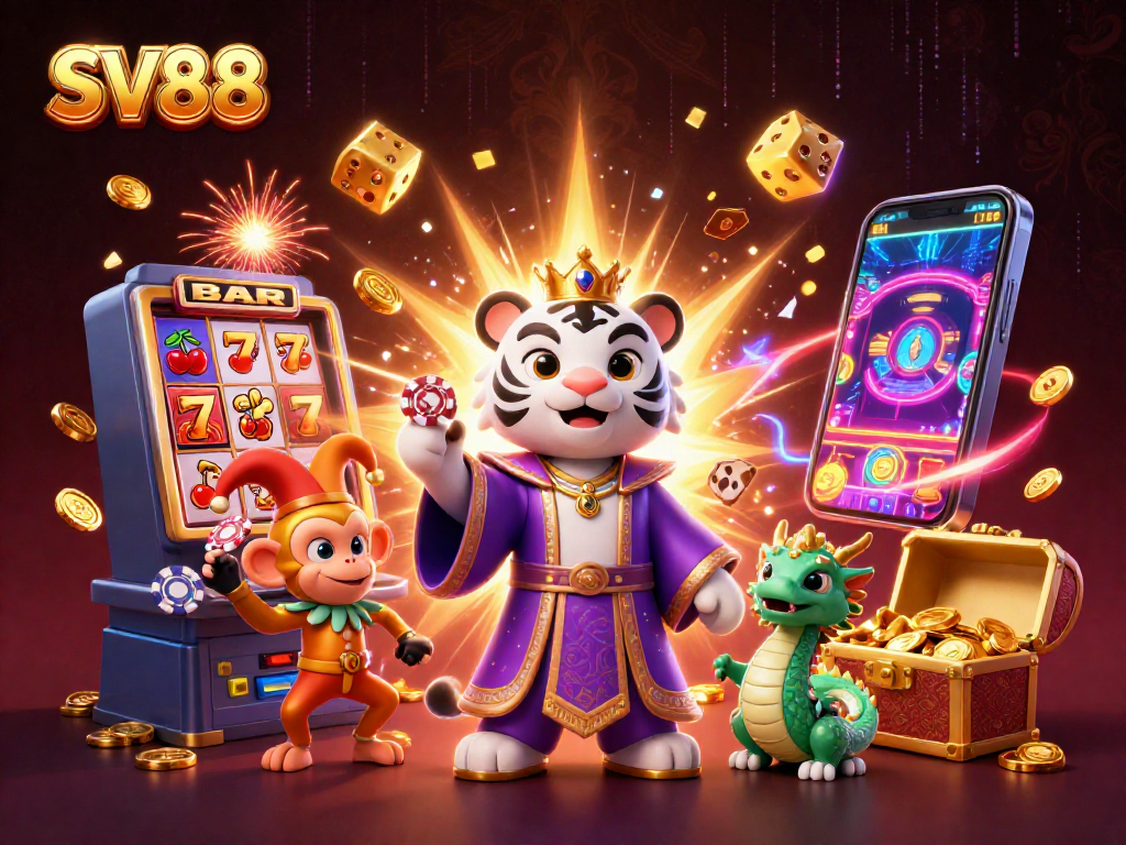 SV88 showcases an epic casino scene with a lively atmosphere filled with slots and vibrant characters.