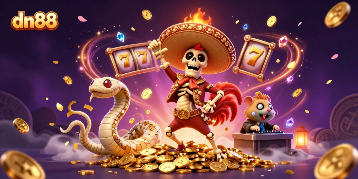 The dn88 gaming scene features a skeleton mariachi rooster dancing with gold coins, surrounded by slot game elements.