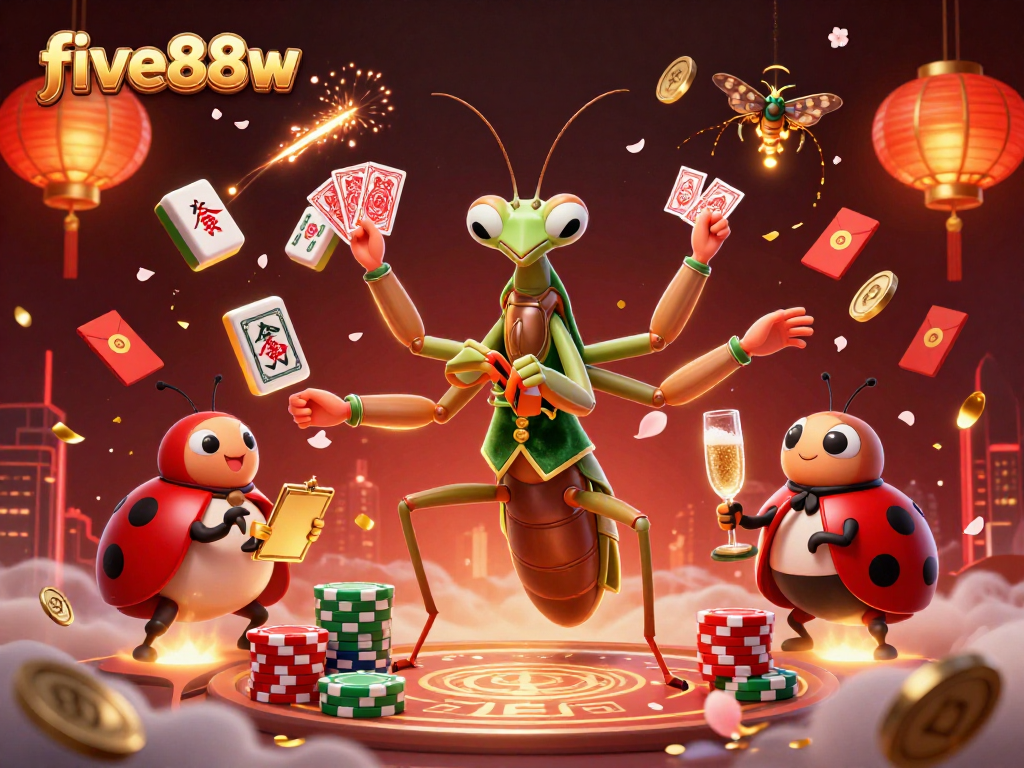 Experience five88w's thrill as a mantis card sharp deals fortune amidst vibrant casino elements.