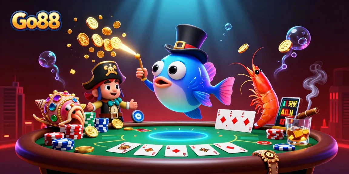 Go88 captivates with a 3D anglerfish attracting gold, showcasing vibrant casino elements.