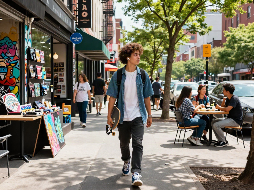 Stylish urban lifestyle featuring fashionable individual with rokok88 skateboard in vibrant city setting.