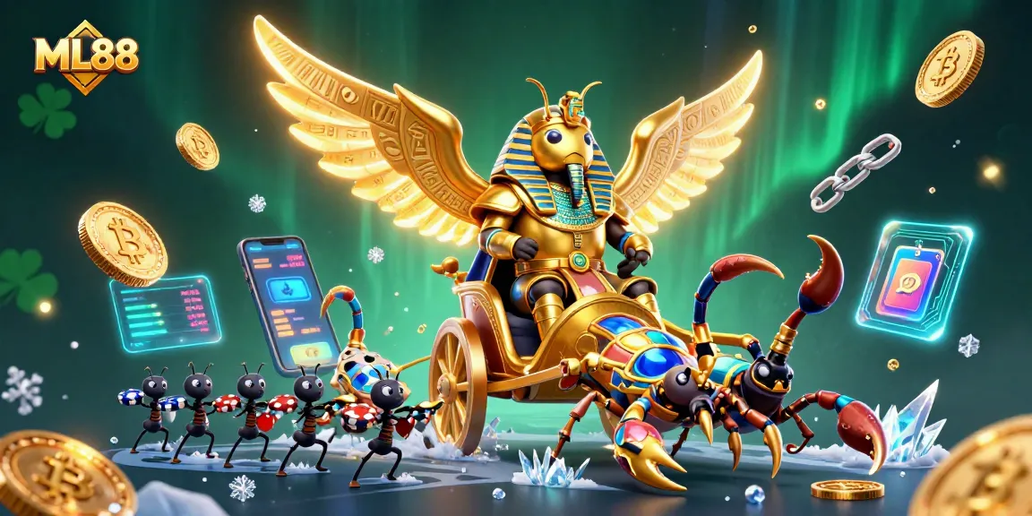 Engage with ML88 in a casino-inspired adventure featuring golden beetles and digital coins.