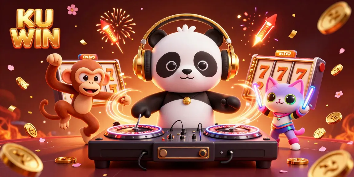Enter the world of KU WIN as a DJ panda spins cool beat while surrounded by slot machines and festive confetti.