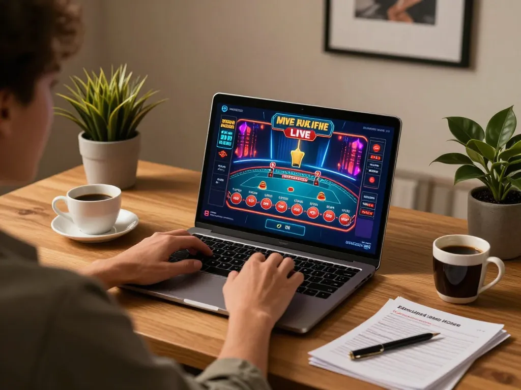 Play online casino games on NK88 in a cozy home office with a vibrant laptop display.
