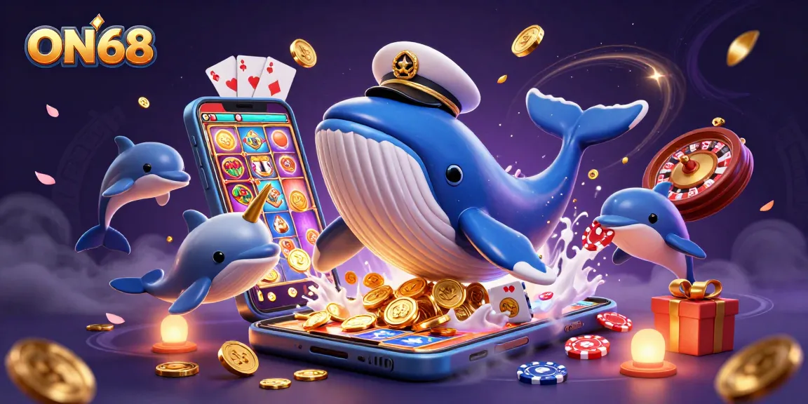 Experience winning with ON68's vibrant 3D casino illustration featuring a whale captain and playful dolphins.