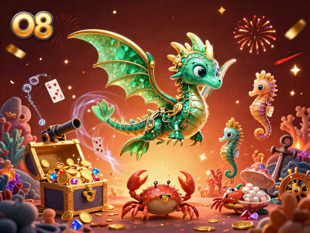 Engage with O8's vibrant underwater treasure hunting scene featuring a sea dragon and playful crabs.