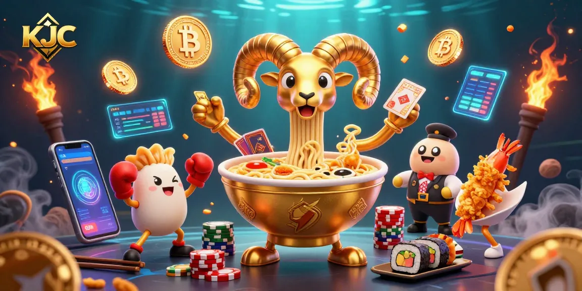 Experience exciting KJC gameplay with vibrant casino characters and glowing cryptocurrency elements.
