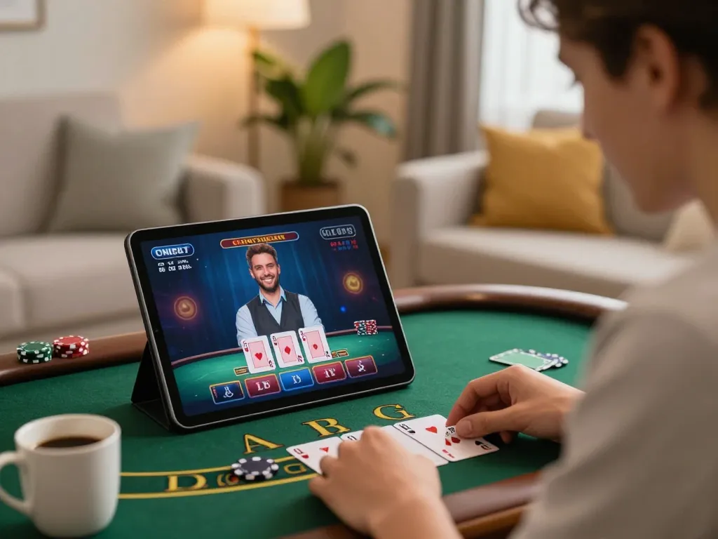 Player enjoying live dealer blackjack on fly88 tablet in cozy home setting