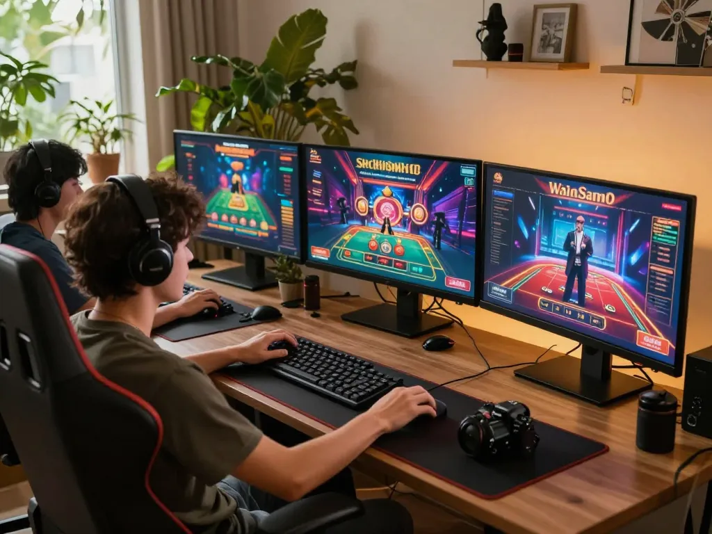 Engaging in online casino games at home, showcasing 98winlive gaming interface.