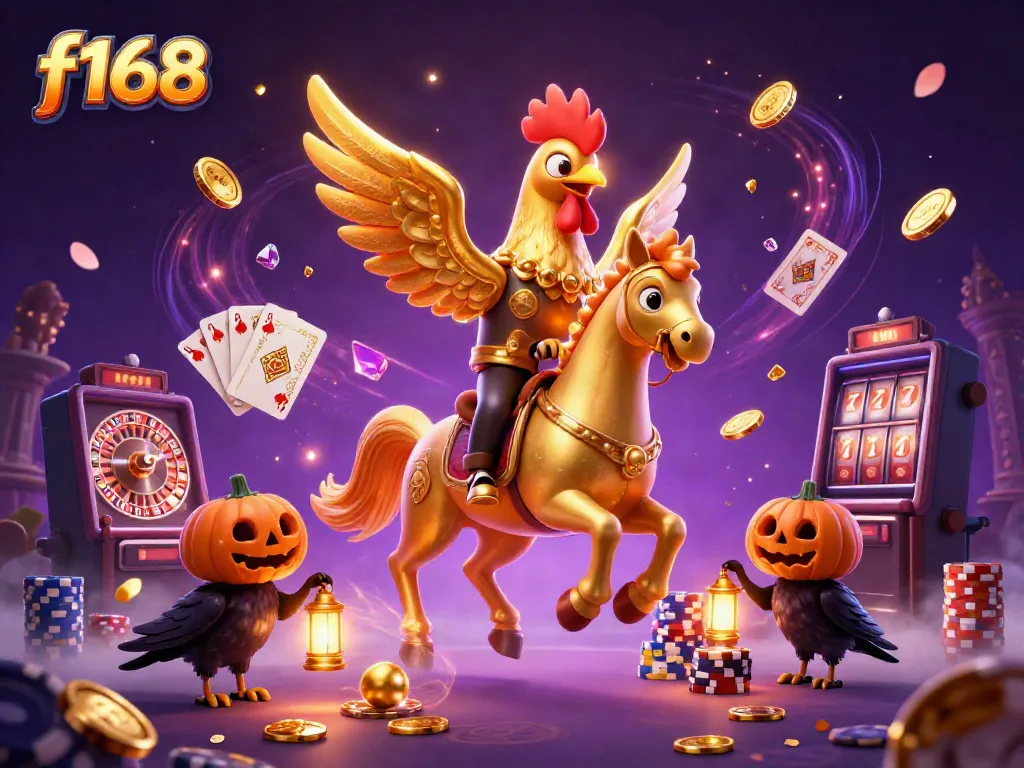 Engage with f168's thrilling casino adventures featuring a golden rooster and mystical elements.