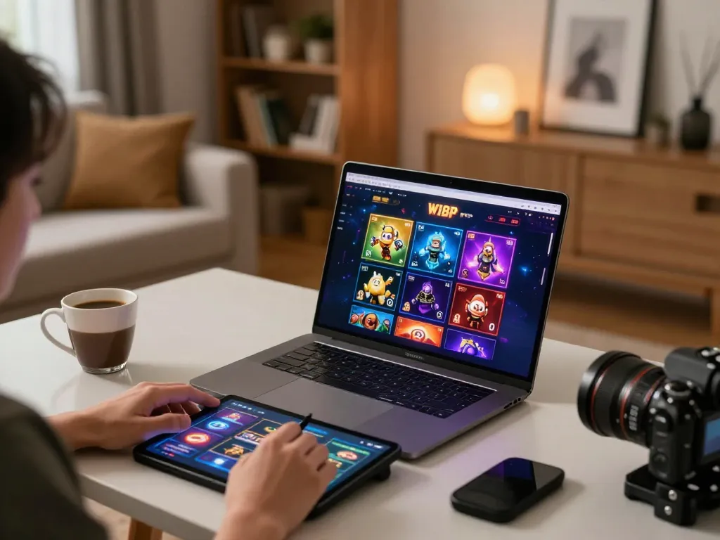 Engaging with W188 VIP online casino gaming on a stylish laptop, showcasing vibrant game interface