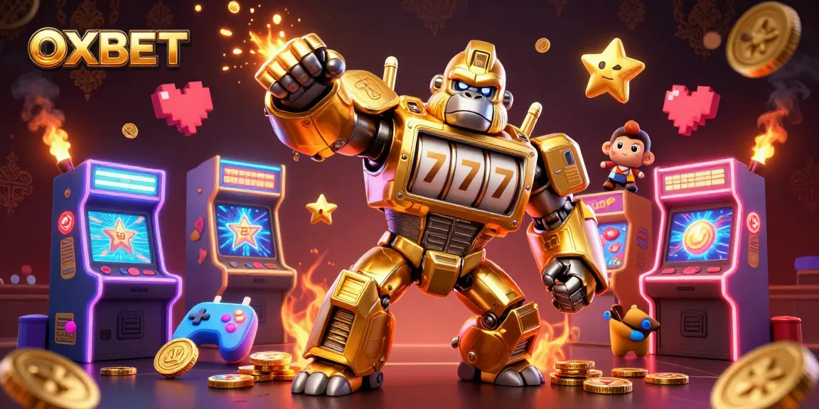Experience the thrill of OXBET with a dynamic 3D mech as a slot machine, winning coins and gaming action.