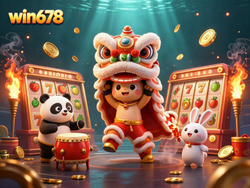 Engage with win678's vibrant slots as festive characters celebrate with gold coins and trophies.