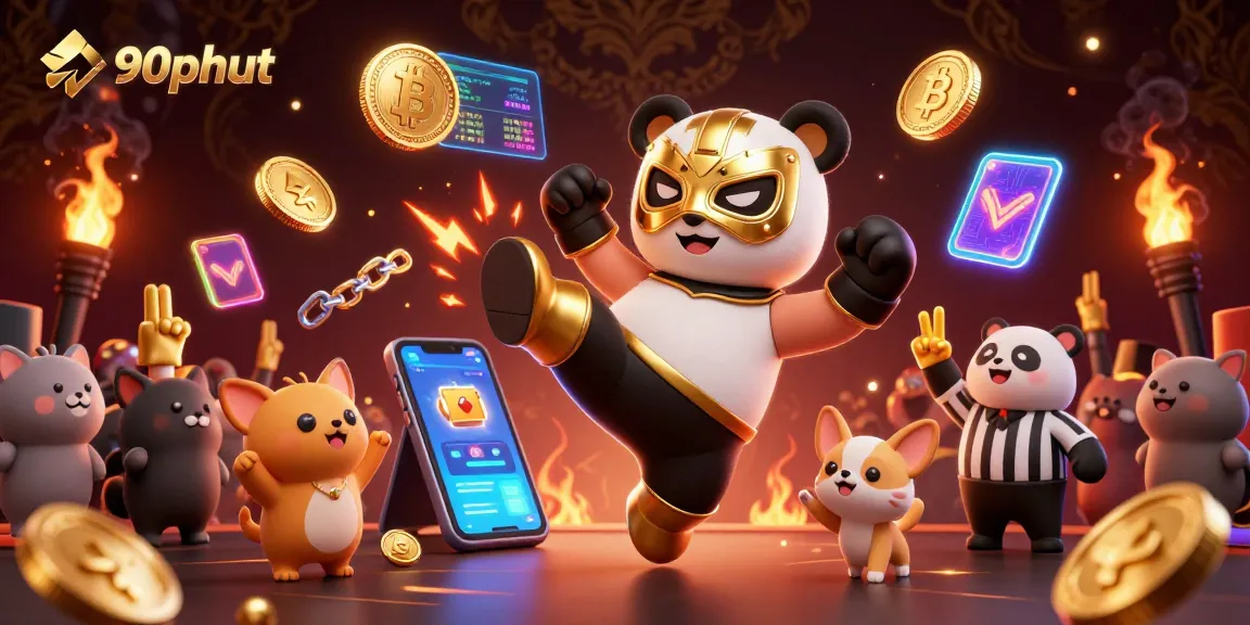 Engage in sports fun with 90phut as the panda performs a kick, surrounded by vibrant crypto elements.