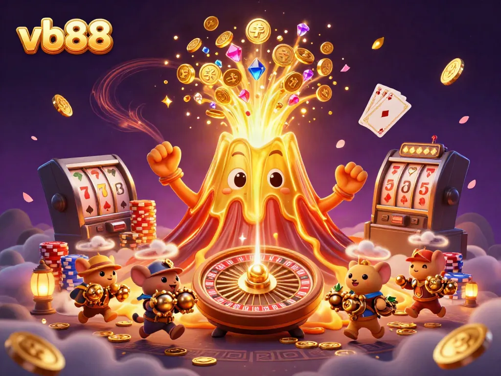 Experience exciting wins at vb88 with a triumphant golden volcano and treasure-filled animals.