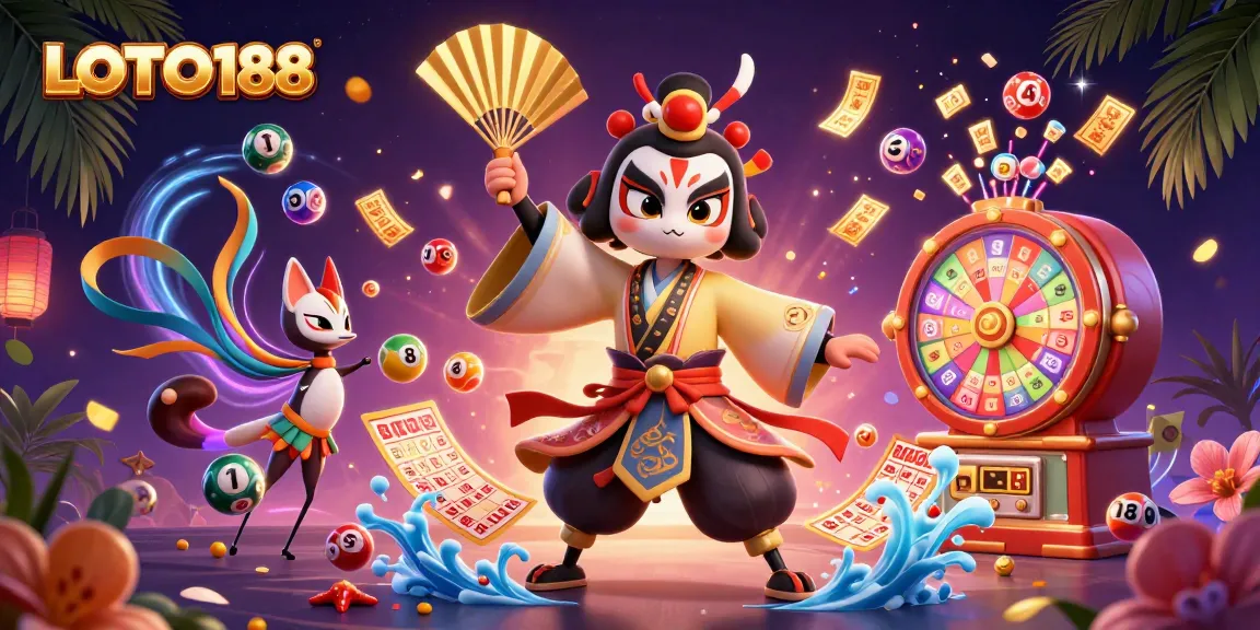 Engage with LOTO188's vibrant lottery scene featuring kabuki warrior and dynamic game elements.