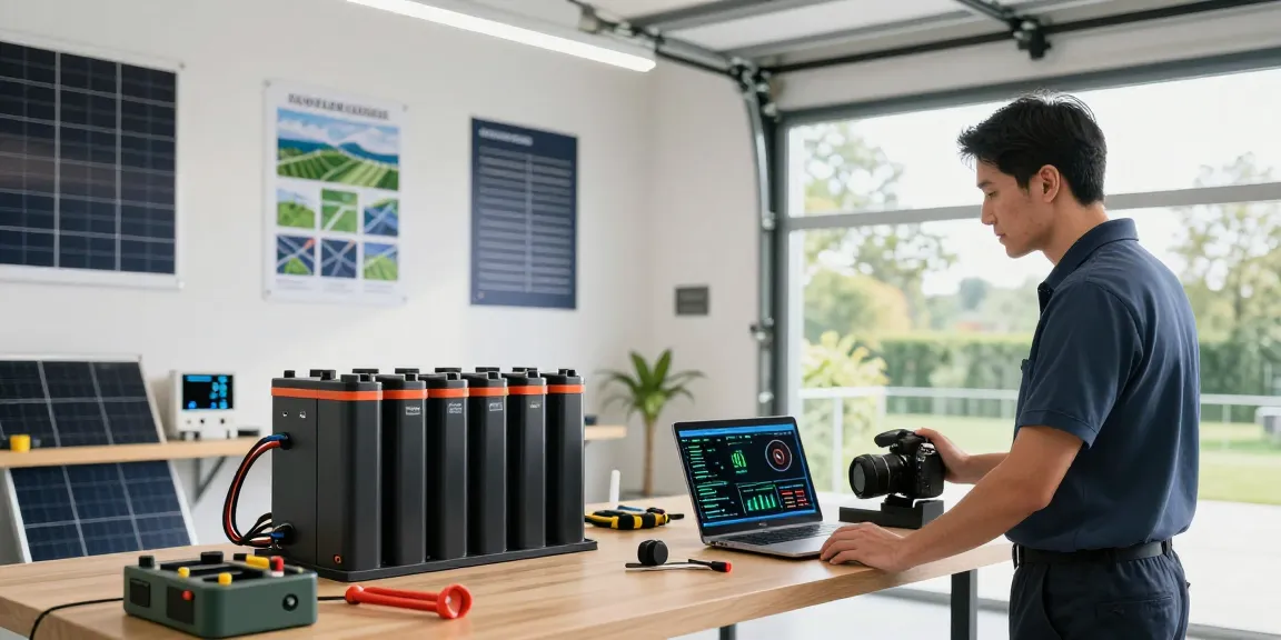 Batterie lifepo4 storage setup in innovative home garage with engineer inspecting performance data