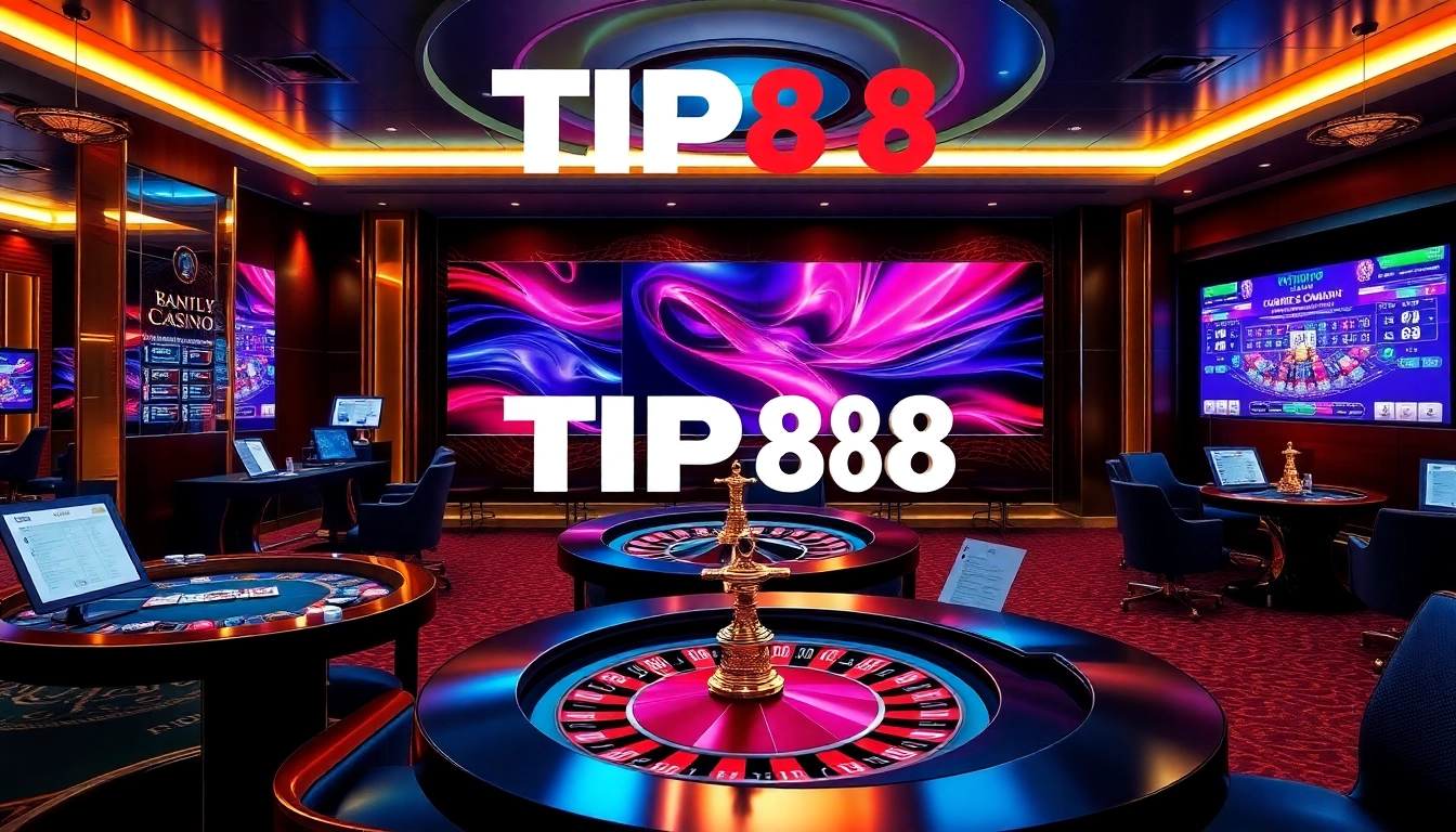 Experience the excitement of gambling at TIP88, featuring interactive poker tables and vibrant casino elements.