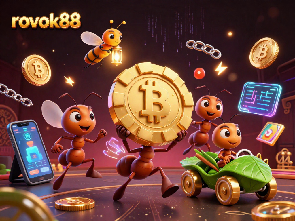 Engage with rokok88's thrilling 3D illustration featuring ants on a heist with golden chips!