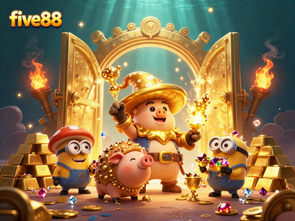 Engage in the magical gaming world of five88 with a golden mushroom wizard and treasure elements.