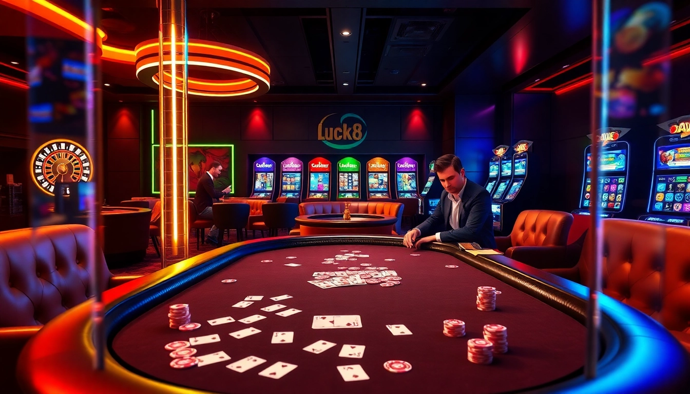 Engaging poker game scene at Luck8 casino, featuring vibrant chips and a roulette wheel.