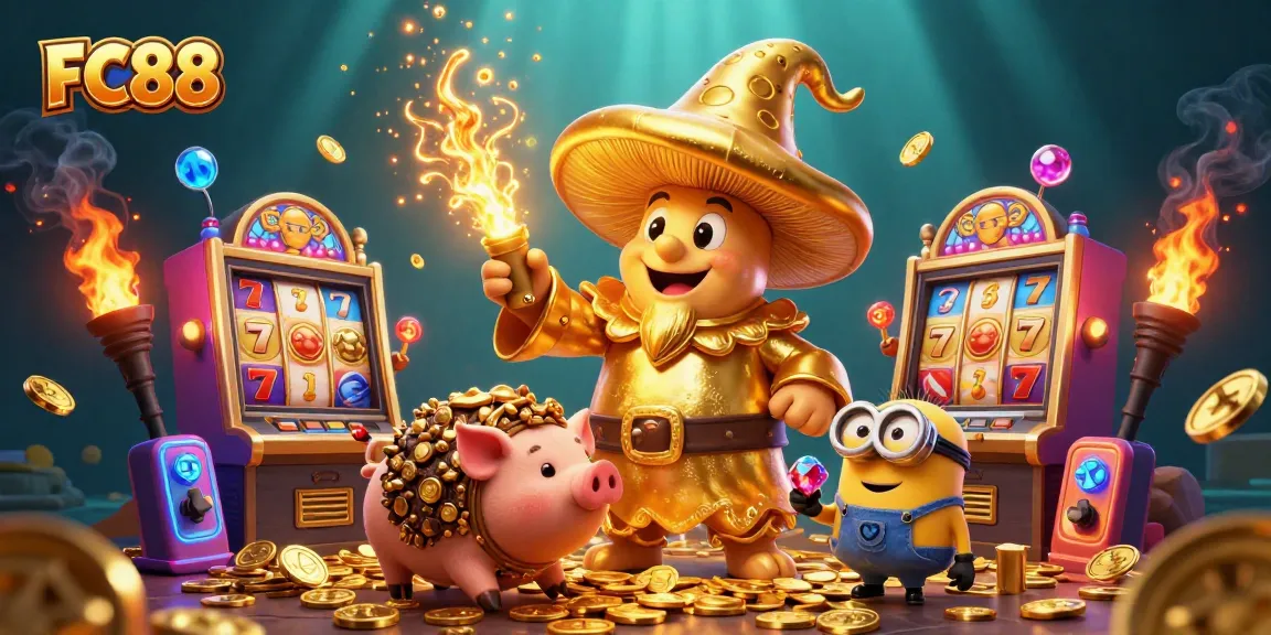 Experience the magic of FC88 as golden winnings cascade from slot machines in a vibrant casino.