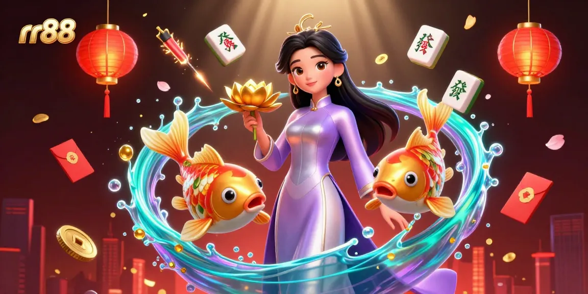 Win thrilling prizes at rr88 with a vibrant Asian-themed casino scene featuring unique game elements.