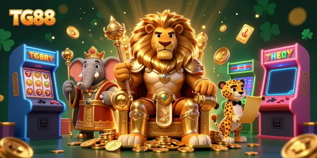 Experience the excitement of TG88 with a king, advisor, and messenger in a vibrant casino scene.