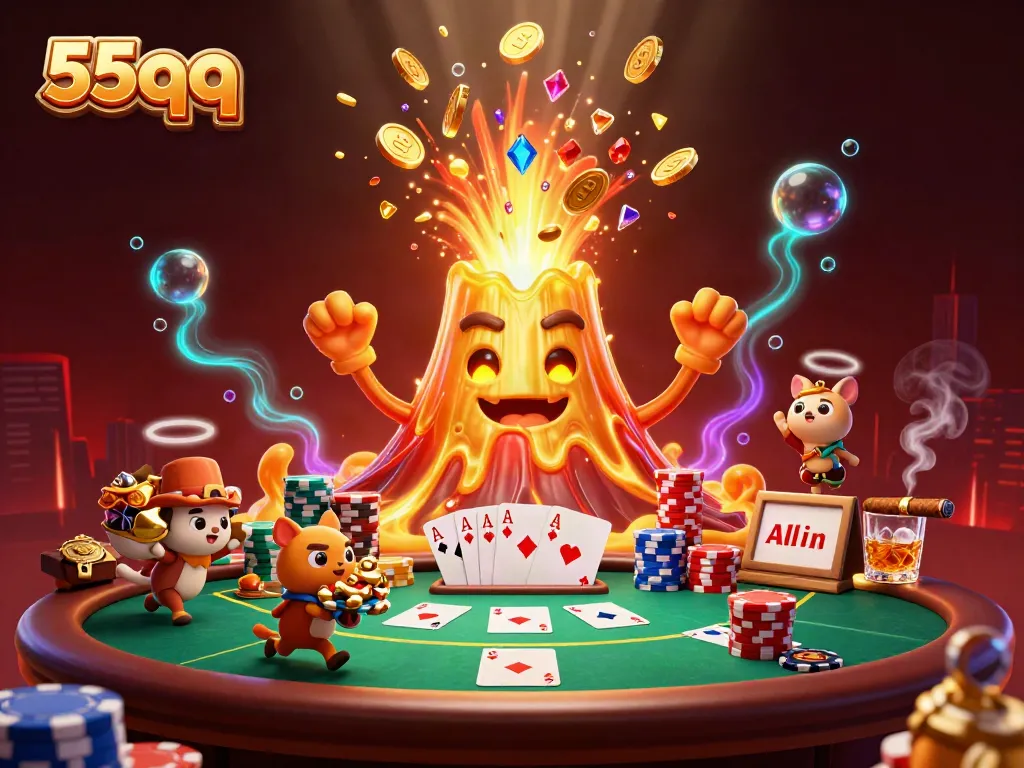 Experience the thrill of 55qq with a magical golden volcano erupting treasures and poker excitement.