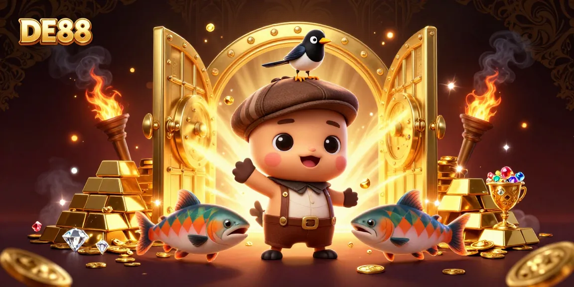 Experience the thrill of DE88 with cartoon Nessie and gold treasures in this vibrant illustration.