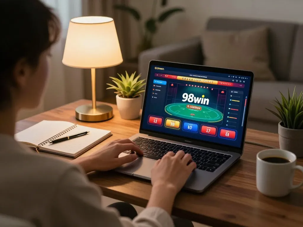 Engaging with casino 98win on a laptop at home, showcasing online gameplay in a relaxed setting