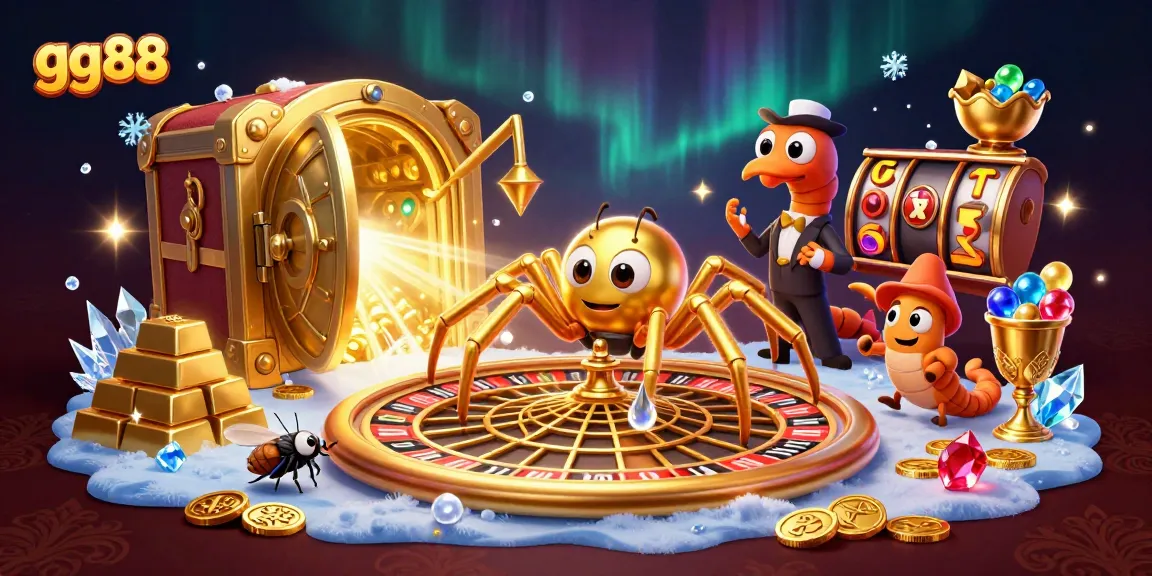Experience thrilling bets at gg88 with a cartoon spider and croupier spinning a roulette web.