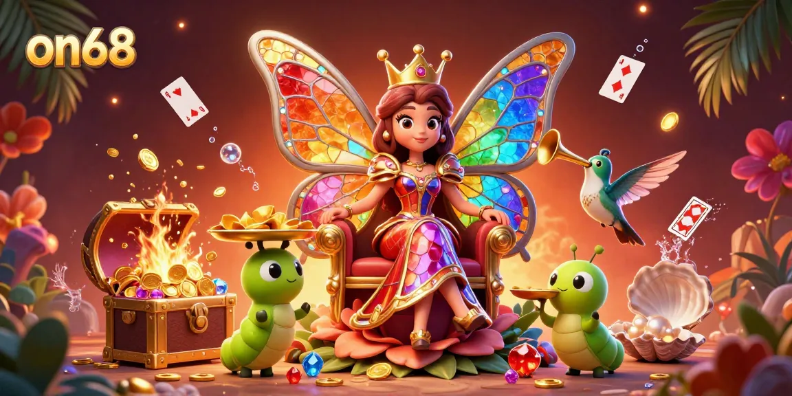 Experience the thrill with on68 as the cartoon butterfly queen and caterpillar servants celebrate casino gains.