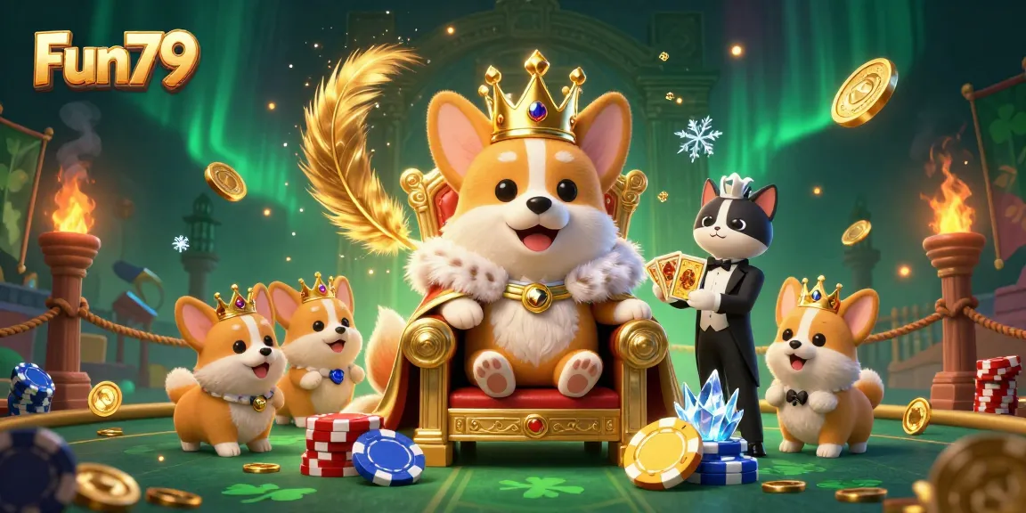 Experience Fun79's dynamic gaming realm with royal corgi characters amid vibrant casino elements.