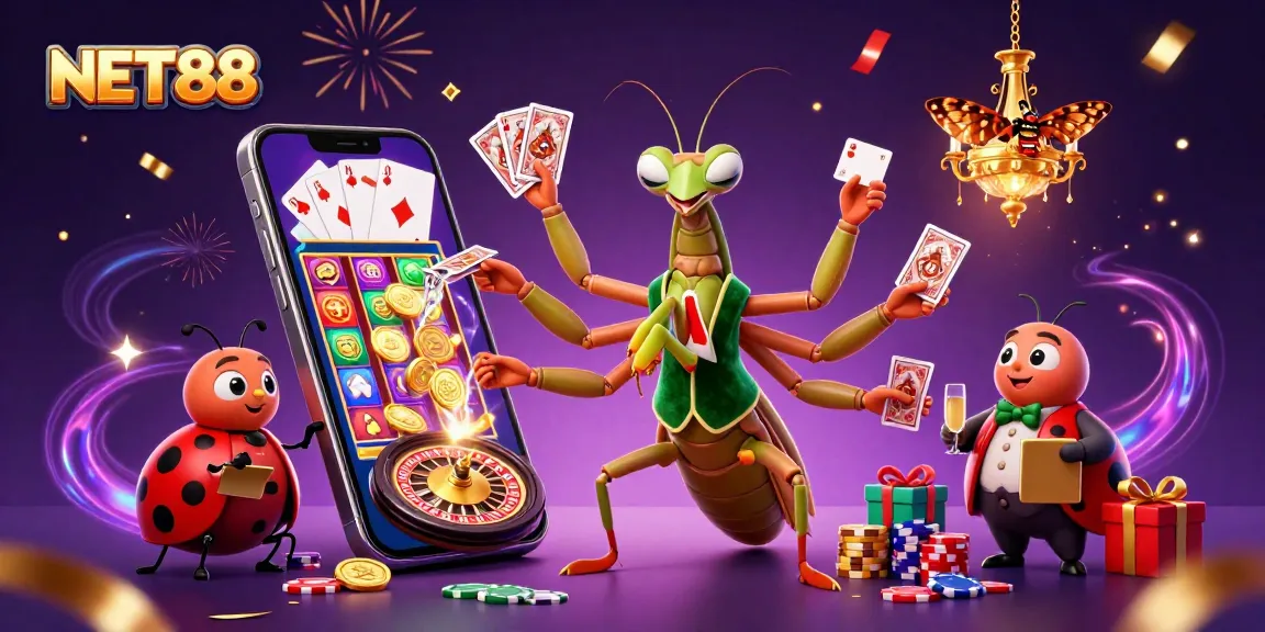 Experience lively winning moments at NET88 with a giant mantis dealer and vibrant casino elements.